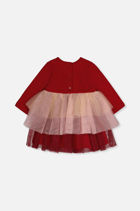 Deux par Deux girls red dress with a tiered mesh skirt and back buttons, back view