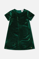 Deux par Deux girls forest green sparkle velour A-line dress with short sleeves, front view