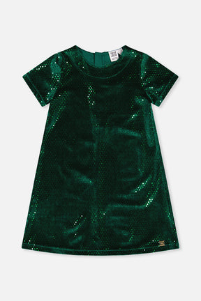 Deux par Deux girls forest green sparkle velour A-line dress with short sleeves, front view