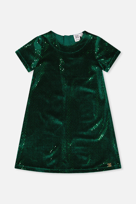 Deux par Deux girls forest green sparkle velour A-line dress with short sleeves, front view