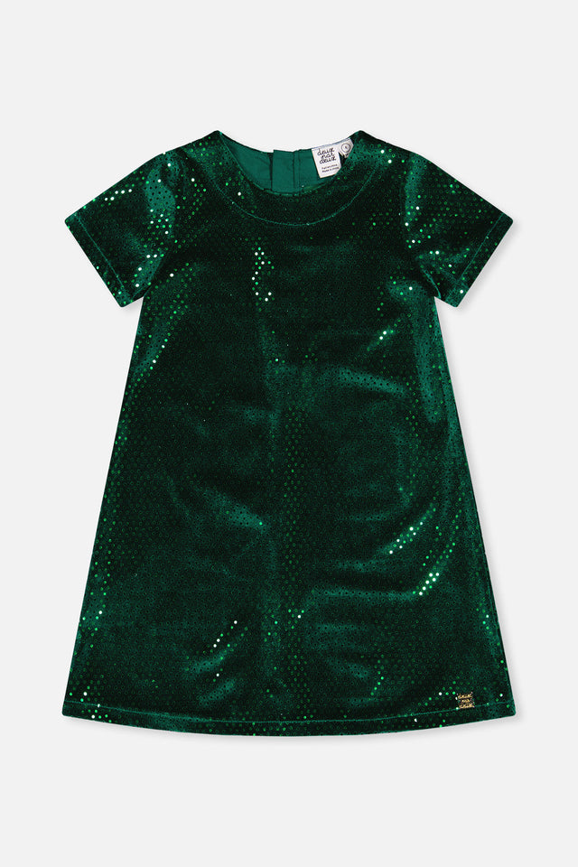 Deux par Deux girls forest green sparkle velour A-line dress with short sleeves, front view