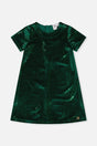 Deux par Deux girls forest green sparkle velour A-line dress with short sleeves, front view