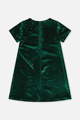 Deux par Deux girls forest green sparkle velour dress with a zipper at the back, back view