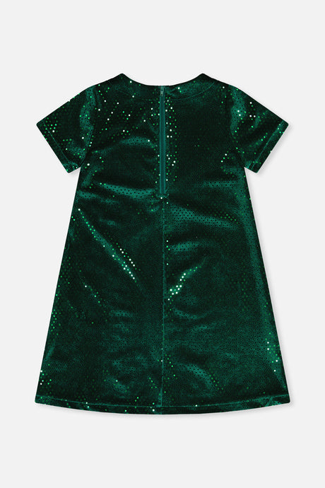 Deux par Deux girls forest green sparkle velour dress with a zipper at the back, back view