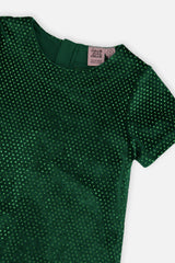 Close-up of the sparkle dots and neckline on the Deux par Deux forest green dress