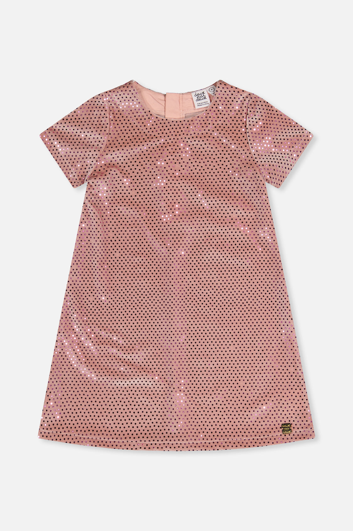 Deux par Deux girls dusty pink dotted velour A-line dress with short sleeves, front view