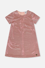 Deux par Deux girls dusty pink dotted velour A-line dress with short sleeves, front view