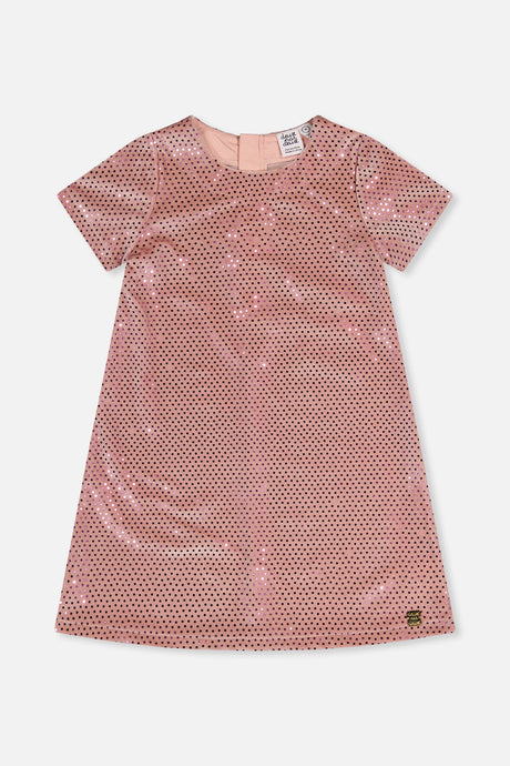 Deux par Deux girls dusty pink dotted velour A-line dress with short sleeves, front view