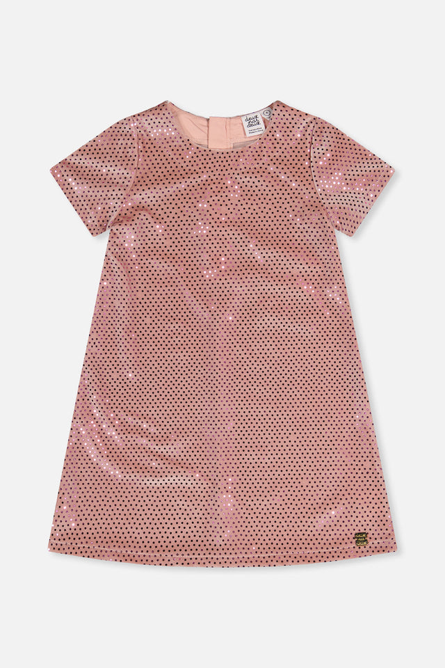 Deux par Deux girls dusty pink dotted velour A-line dress with short sleeves, front view
