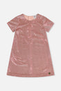 Deux par Deux girls dusty pink dotted velour A-line dress with short sleeves, front view