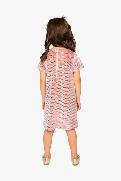 Child wearing the Deux par Deux dusty pink dotted velour dress, back view
