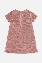 Deux par Deux girls dusty pink dotted velour dress with a zipper at the back, back view