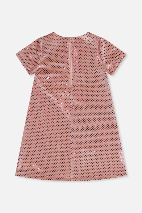 Deux par Deux girls dusty pink dotted velour dress with a zipper at the back, back view