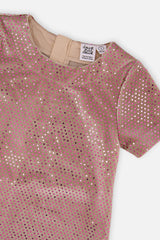 Close-up of the sparkly dots and neckline on the Deux par Deux dusty pink dress