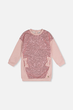 Front view of the dusty pink sweatshirt dress with a sequin front panel and side bows