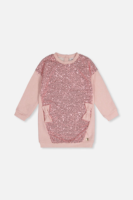 Front view of the dusty pink sweatshirt dress with a sequin front panel and side bows