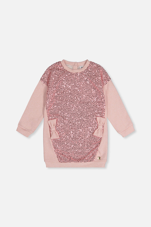 Front view of the dusty pink sweatshirt dress with a sequin front panel and side bows
