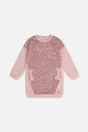 Front view of the dusty pink sweatshirt dress with a sequin front panel and side bows