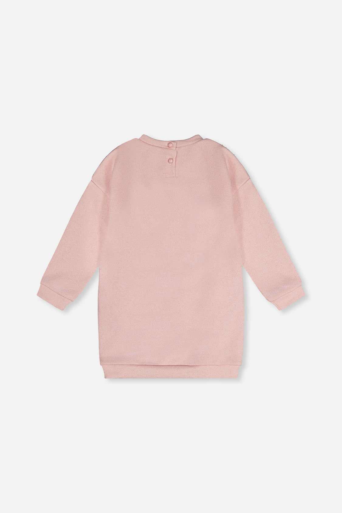 Back view of the dusty pink sweatshirt dress with two buttons at the neck