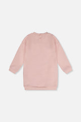 Back view of the dusty pink sweatshirt dress with two buttons at the neck