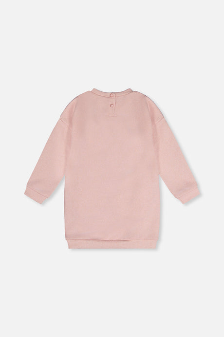 Back view of the dusty pink sweatshirt dress with two buttons at the neck