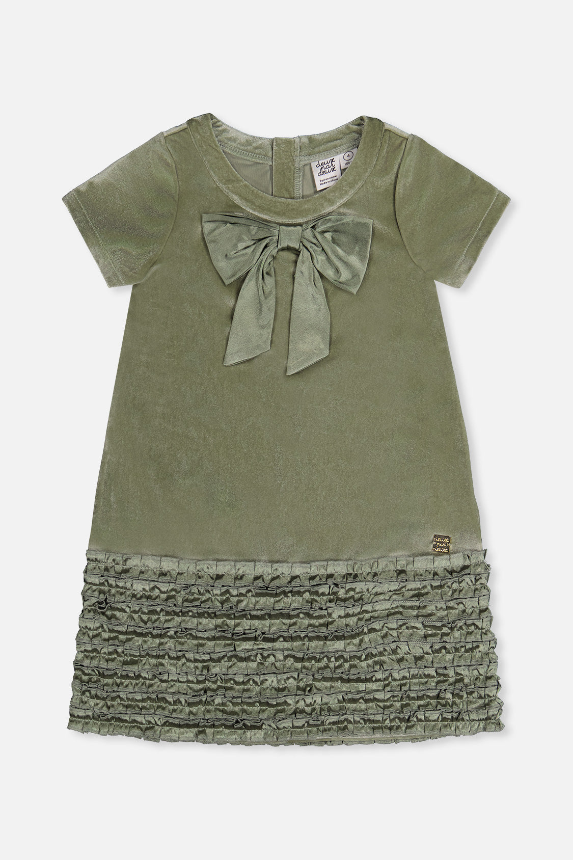 Deux par Deux girls greyish green velour A-line dress with a bow at the neckline and a ruffled hem, front view