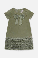 Deux par Deux girls greyish green velour A-line dress with a bow at the neckline and a ruffled hem, front view