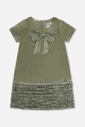 Deux par Deux girls greyish green velour A-line dress with a bow at the neckline and a ruffled hem, front view