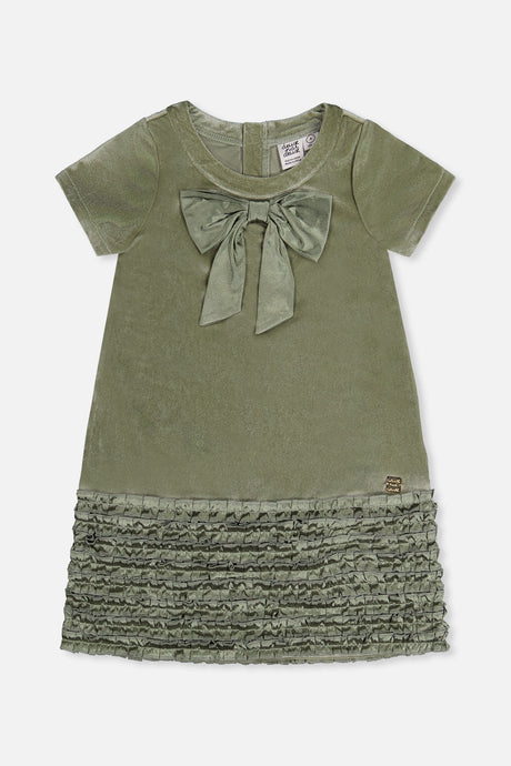 Deux par Deux girls greyish green velour A-line dress with a bow at the neckline and a ruffled hem, front view