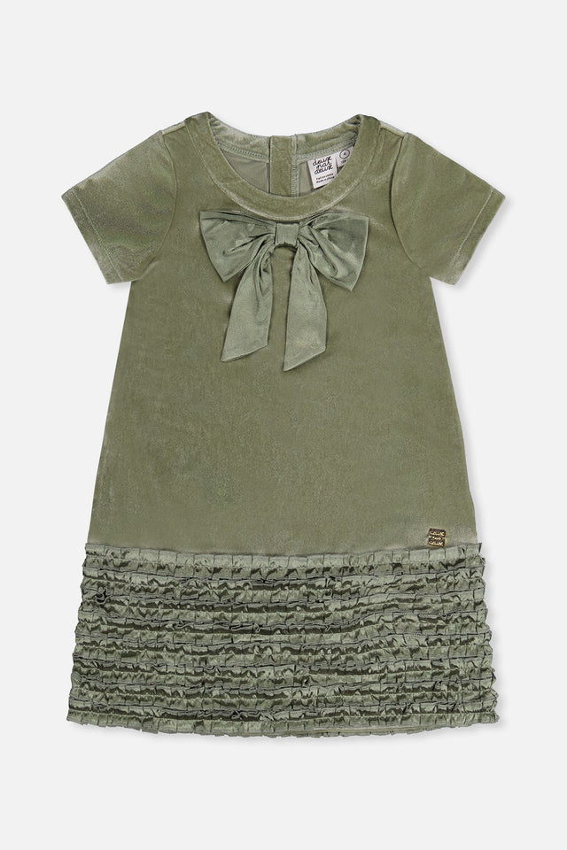 Deux par Deux girls greyish green velour A-line dress with a bow at the neckline and a ruffled hem, front view
