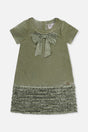 Deux par Deux girls greyish green velour A-line dress with a bow at the neckline and a ruffled hem, front view