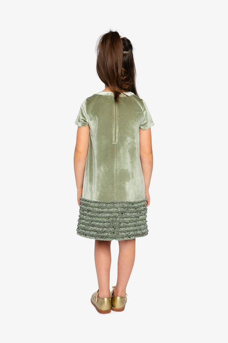 Child wearing the Deux par Deux greyish green velour dress, back view