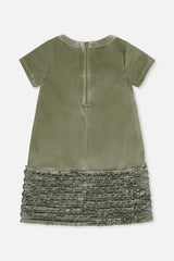 Deux par Deux girls greyish green velour dress with a zipper at the back, back view