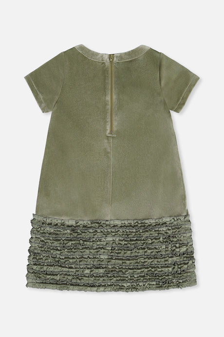 Deux par Deux girls greyish green velour dress with a zipper at the back, back view
