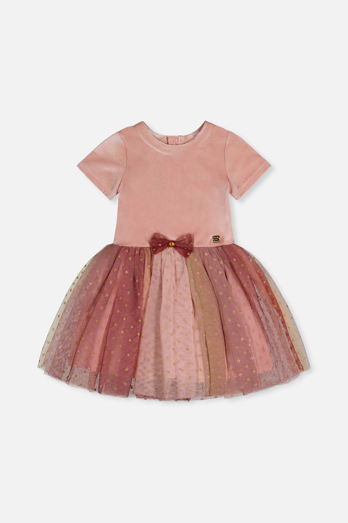 Deux par Deux girls pink velvet dress with a bow belt and a gradient mesh skirt with gold stars, front view