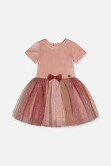 Deux par Deux girls pink velvet dress with a bow belt and a gradient mesh skirt with gold stars, front view