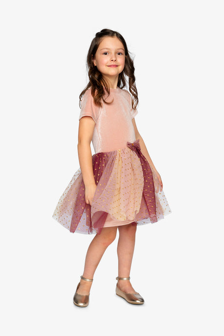 Child wearing the Deux par Deux pink velvet dress with a gradient star mesh skirt and gold flats