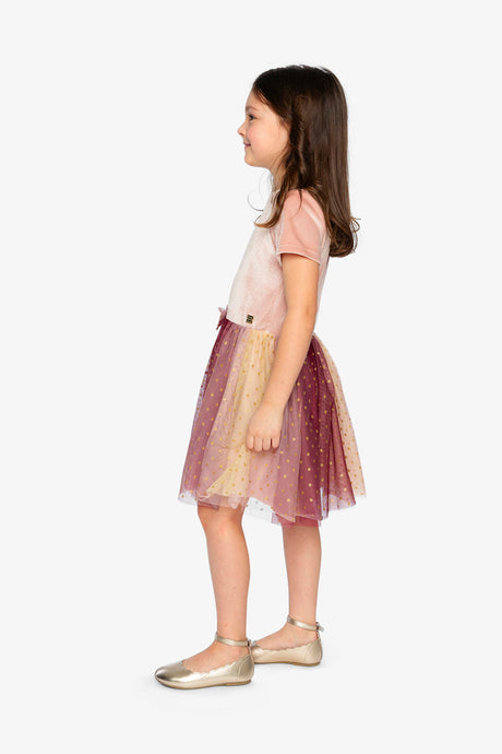 Child wearing the Deux par Deux pink velvet dress with a gradient mesh skirt, side view