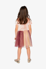 Child wearing the Deux par Deux pink velvet dress with a gradient mesh skirt, back view