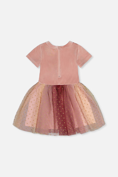 Deux par Deux girls pink velvet dress with a zipper at the back and a gradient mesh skirt, back view