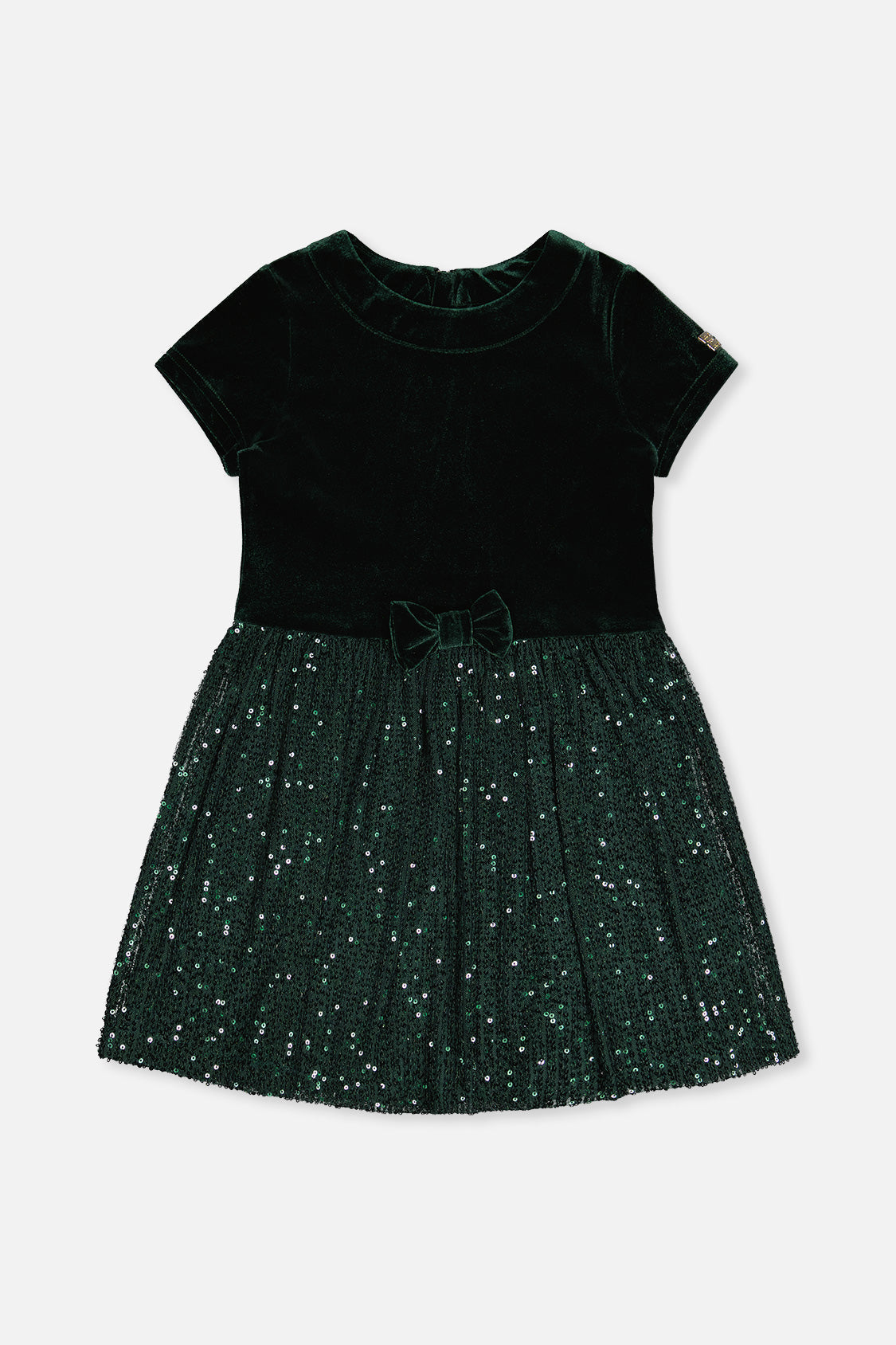 Bi-Material Short Sleeve Dress With Glittering Skirt Green Forest-0