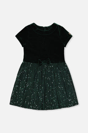 Bi-Material Short Sleeve Dress With Glittering Skirt Green Forest-0