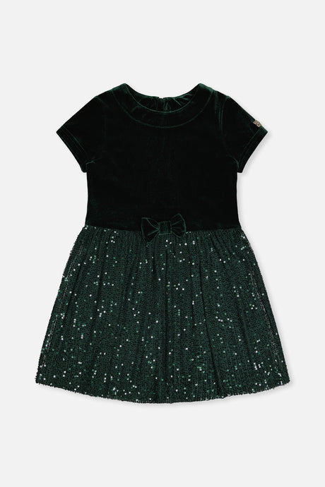 Bi-Material Short Sleeve Dress With Glittering Skirt Green Forest-0