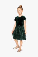 Bi-Material Short Sleeve Dress With Glittering Skirt Green Forest-2