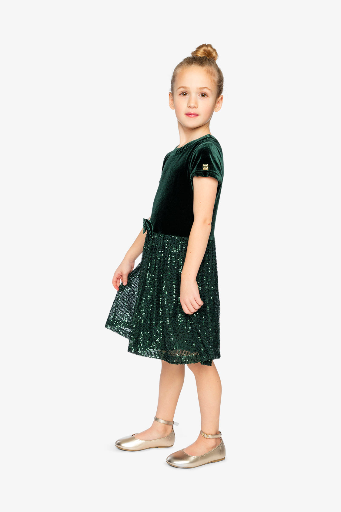 Bi-Material Short Sleeve Dress With Glittering Skirt Green Forest-3