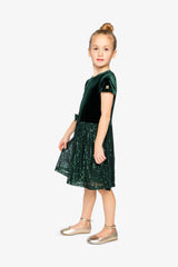 Bi-Material Short Sleeve Dress With Glittering Skirt Green Forest-3