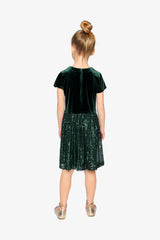 Bi-Material Short Sleeve Dress With Glittering Skirt Green Forest-4