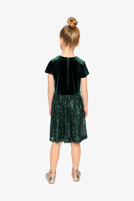 Bi-Material Short Sleeve Dress With Glittering Skirt Green Forest-4