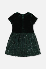 Deux par Deux girls green velvet party dress with a glittering skirt, back view