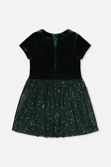 Deux par Deux girls green velvet party dress with a glittering skirt, back view